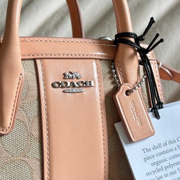 COACH Andrea Mini Carryall Signature Jacquard Peach Tan Refined Calf Leather NWT - Picture 2 of 15